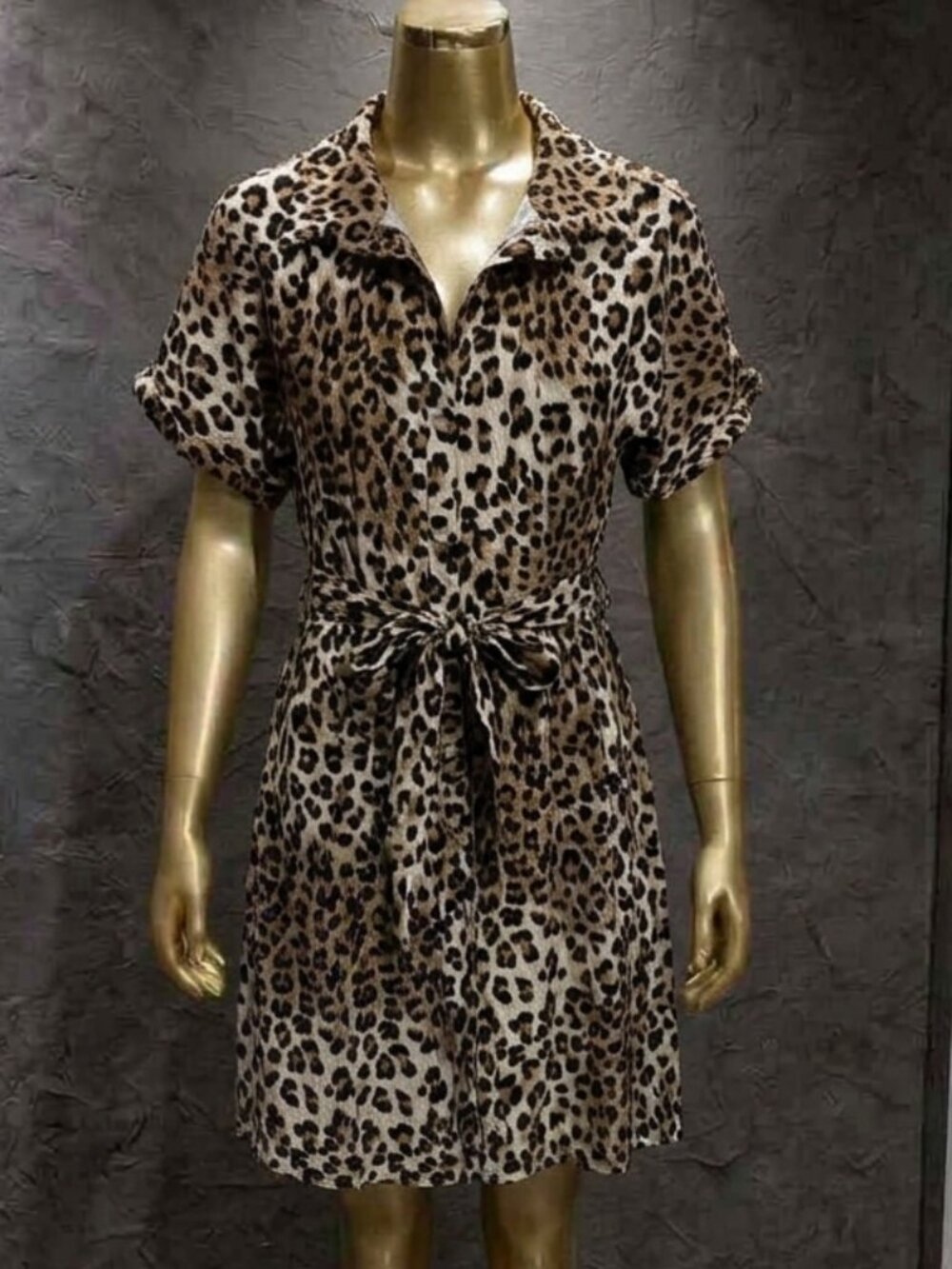 Shinestar Leopard Print Button Front Midi Shirt Dress Tie Waist Medium EUC